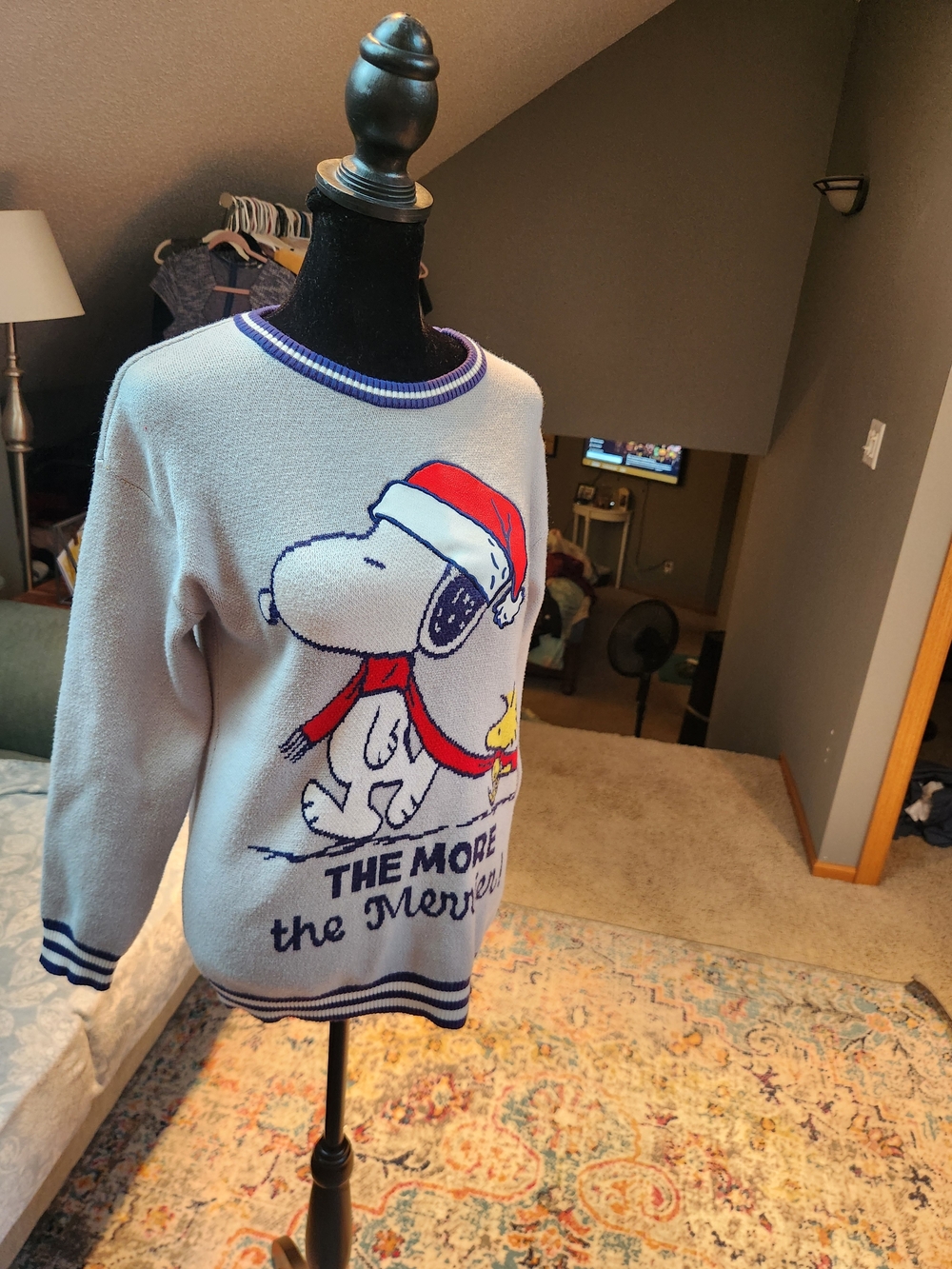 Peanuts Snoopy & Woodstock Sweater with Red and Navy Holiday Graphic Large - Picture 2 of 5